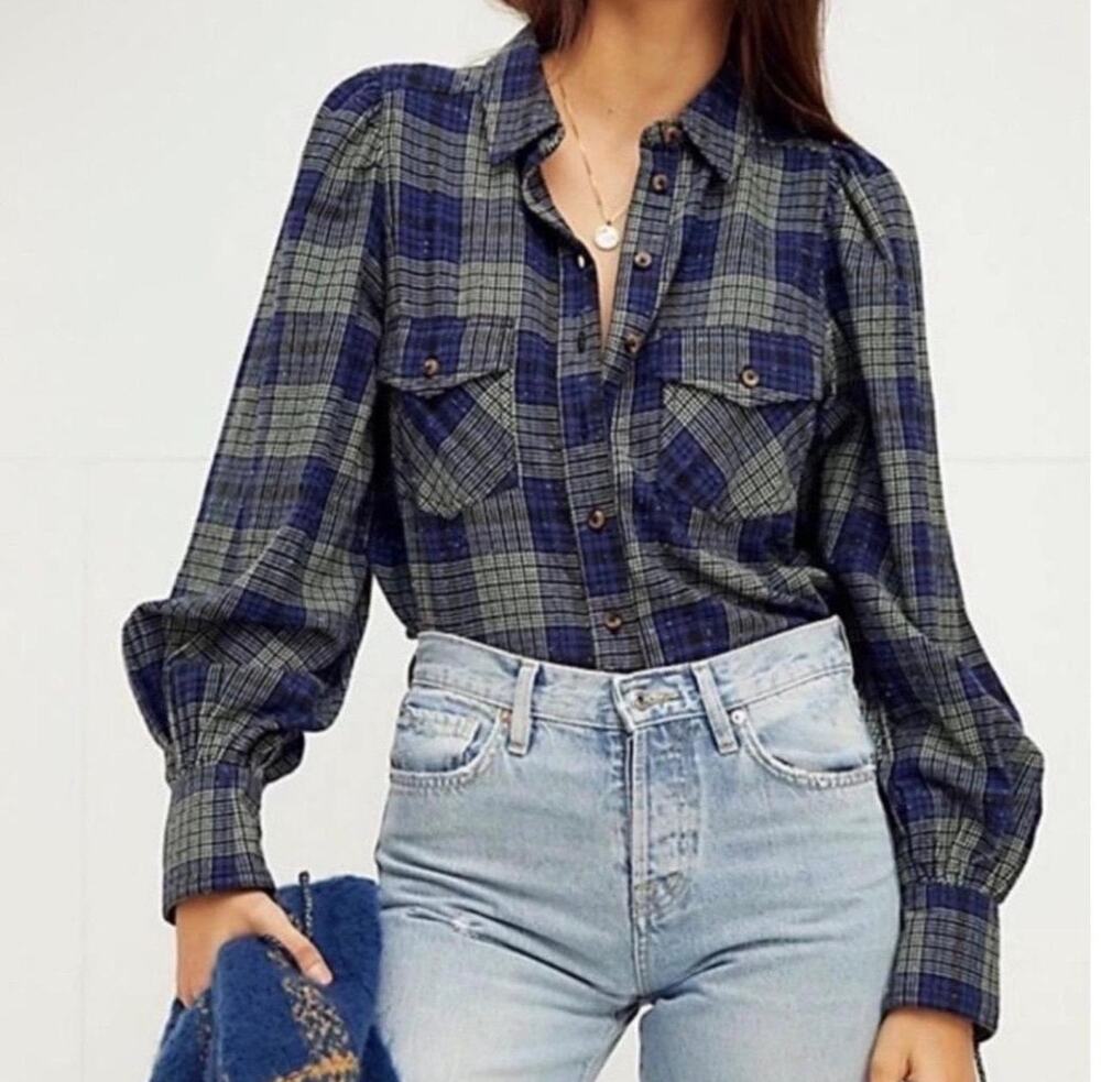 We the Free Free People Sun City Blue Green Plaid  Slouchy Tie Cuffs Top-Size M